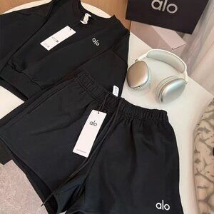 Alo Yoga All-Black Cool Cropped Crew Neck Sweatshirt + Shorts Two-Piece Set